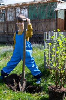 Küçük çocuk elinde kürekle bahçede duruyor.