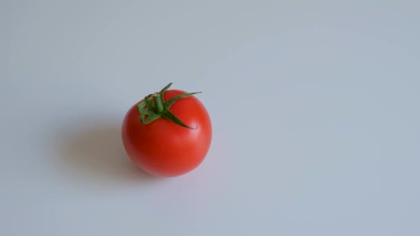 Tomatenfrüchte rollen auf weißer Tischplatte. — Stockvideo