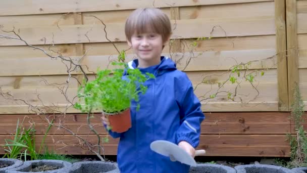 庭にシャベルを持った幸せな少年 — ストック動画
