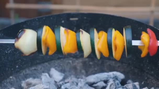 グリル鍋で野菜串焼き。ビーガンフードコンセプト。野菜のグリル. — ストック動画