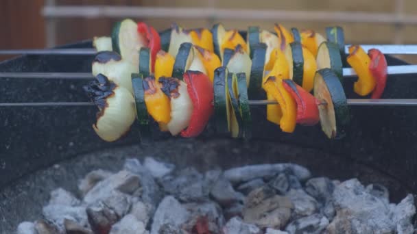 Parrilla brochetas de verduras en la parrilla. Concepto de comida vegana. Verduras a la parrilla. Vegano — Vídeos de Stock