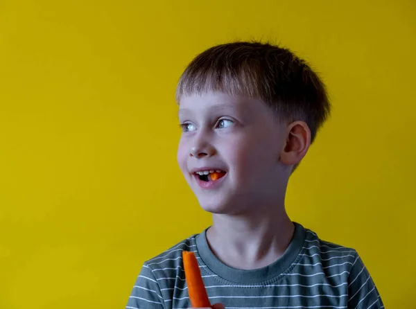 Niño pequeño con zanahorias sobre un fondo amarillo —  Fotos de Stock