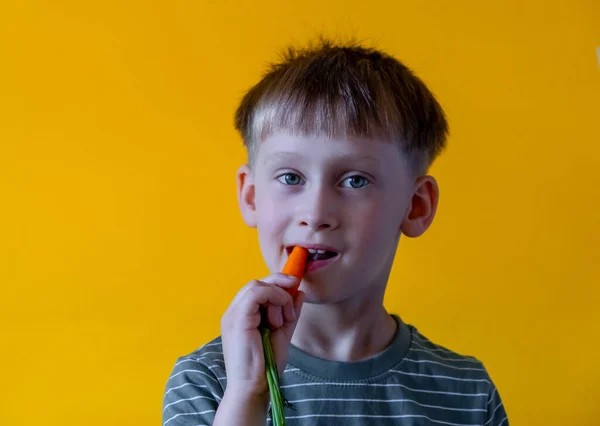 Pojke äter färska morötter på en orange bakgrund — Stockfoto