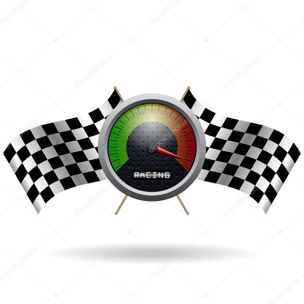 Speedo and two crossed checkered flags. Vector speedometer and vector checkered flag. Vector crossed checkered flags.