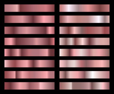 Gül sarısı gradyan koleksiyonu. Tasarımınız için modaya uygun altın folyo dokusu. Siyah arka planda izole edilmiş. Vektör.