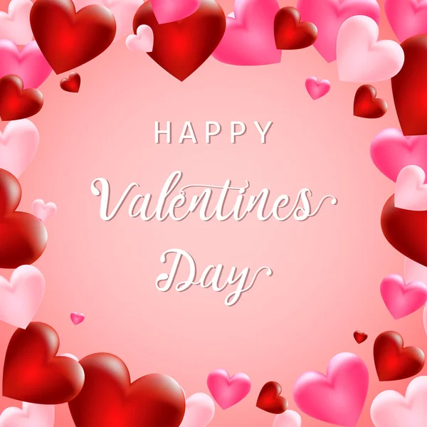 Romántico fondo corazones rojos y rosados para el diseño de vacaciones con inscripción Feliz Día de San Valentín. Plantilla para tarjeta de felicitación del Día de San Valentín. Vector. — Vector de stock