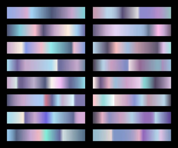 Colorful holographic gradient colection. Set of gradients with hologram effect. Trendy holographic foil texture for your design. Isolated on black background. Vector. —  Vetores de Stock