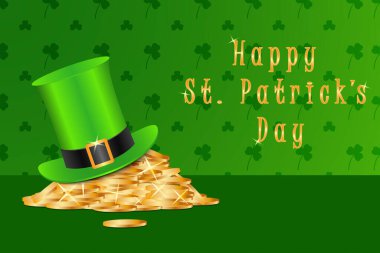 Leprikonlar şapkası ve altın sikkelerle Aziz Patrick Günü yazıtınız kutlu olsun. Aziz Patrick Günü şenlik tasarımı için arka plan. Vektör.