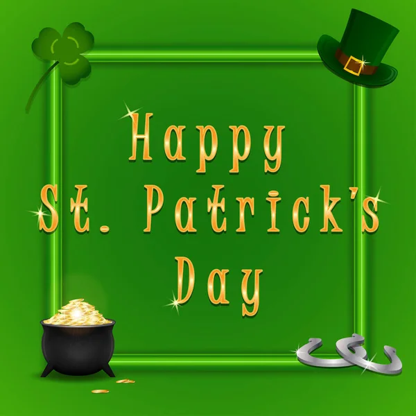 St. Patricks Ημέρα φόντο με leprechaun καπέλο, γεμάτο κατσαρόλα με χρυσά νομίσματα και τριφύλλια. Πρότυπο για την Ημέρα του Αγίου Πατρικίου ευχετήρια κάρτα. Διάνυσμα. — Διανυσματικό Αρχείο