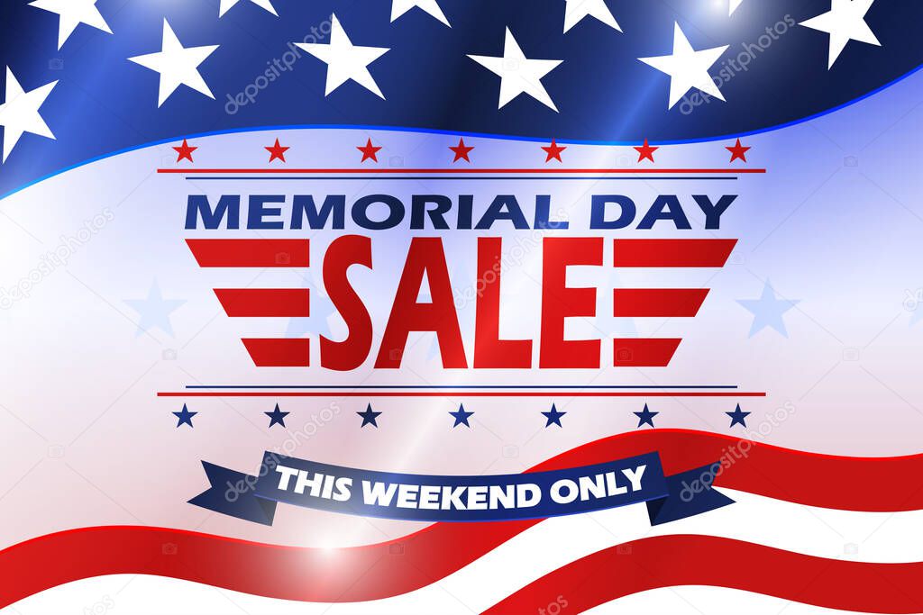 Memorial Day Sale background with US national flag. Memorial Day design. Template for national American holiday event. Vector illustration.