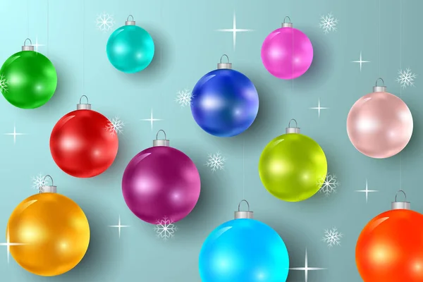 Bunte Weihnachtskugeln Hintergrund. Weihnachten und Neujahr Hintergrund mit Kugeln, Sternen und Schneeflocken. Vektor. — Stockvektor