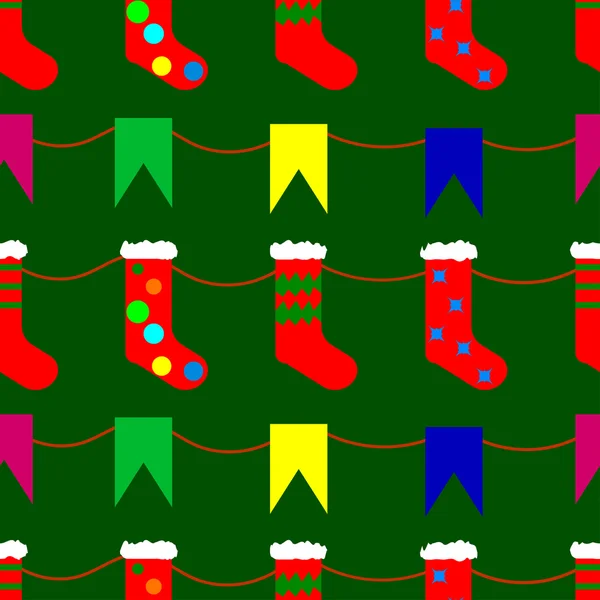 Calcetines de Navidad y banderas doodle patrón sin costuras — Vector de stock