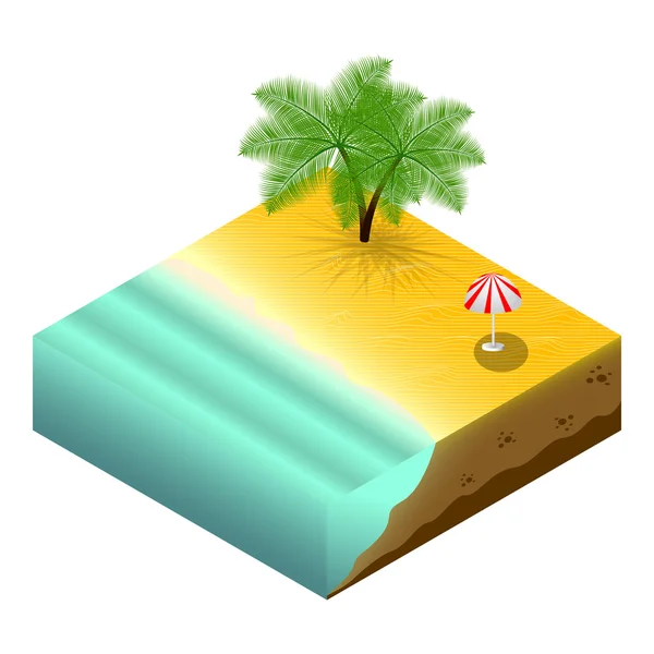 Isometric beach with palms and beach umbrella — Stock Vector