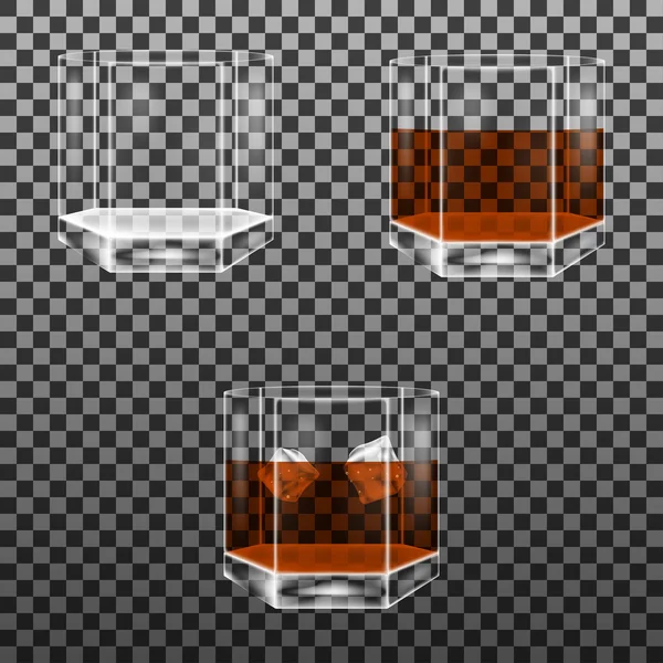 Set de vidrio facetado con whisky y cubitos de hielo — Archivo Imágenes Vectoriales