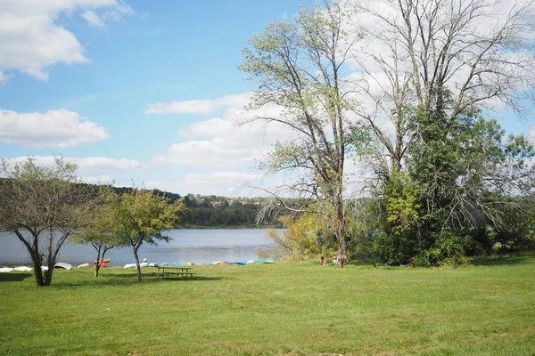 This is an autumn view of Lake Galena at Peace Valley Park in Pennsylvania.