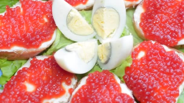 Rotating Light Snack of Sandwiches With Red Caviar and Eggs — Stock Video