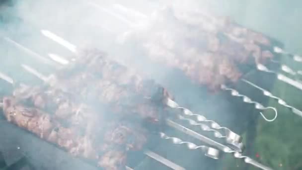 Ondeamos un pedazo de cartón sobre un shish kebab para aumentar la temperatura — Vídeos de Stock
