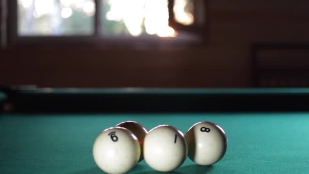 Blow a Cue on Billiard Balls on Billiards — Stok Video