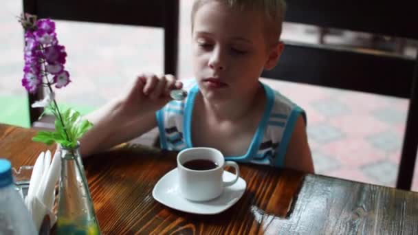 Niño en la mesa bebiendo té — Vídeo de stock