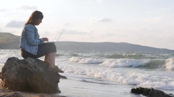 Молодая женщина, сидящая на скалистом побережье с ноутбуком и промахами. Сильные волны, бьющиеся о скалы — стоковое видео