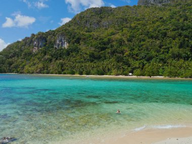Palawan, El Nido, Filipinler 'de tropik plaj ve mavi gökyüzü