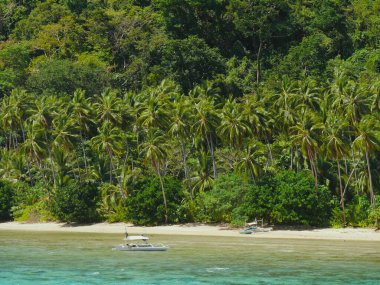 Filipinler, El Nido, Palawan 'da denizde teknesi olan güzel bir tropikal sahil manzarası