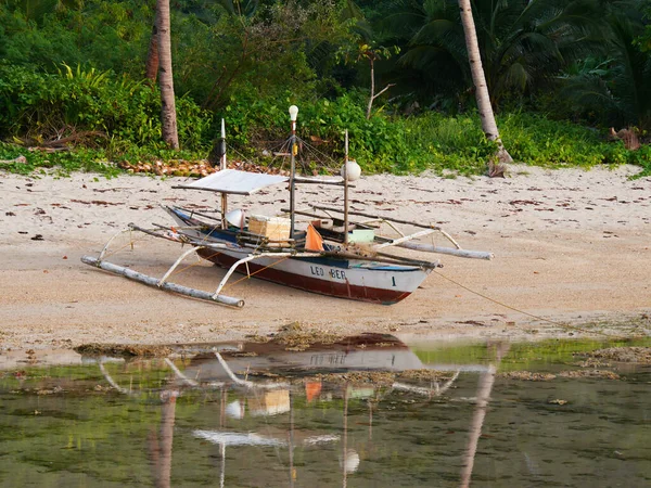 Filipinler 'deki Palawan, Puerto Princesa' daki tropikal sahilde hasır şapkalı tekne