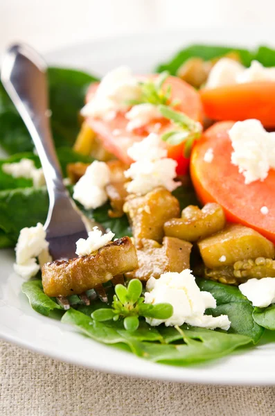 Salada de berinjela com tomate, queijo feta, espinafre e verduras — Fotografia de Stock