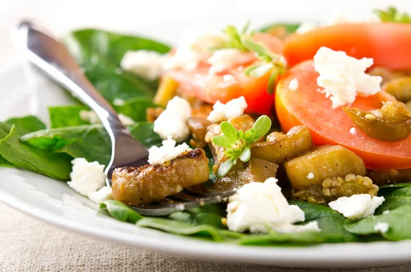 Salada de berinjela com tomate, queijo feta, espinafre e verduras — Fotografia de Stock