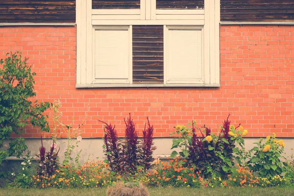 Винтажное окно на кирпичной стене и сад под ним — стоковое фото