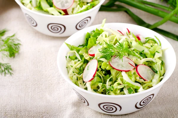 Salada de verduras fresca com repolho, rabanetes. endro e verduras — Fotografia de Stock