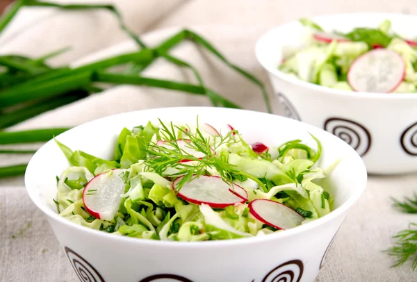 Salada de verduras fresca com repolho, rabanetes. endro e verduras — Fotografia de Stock