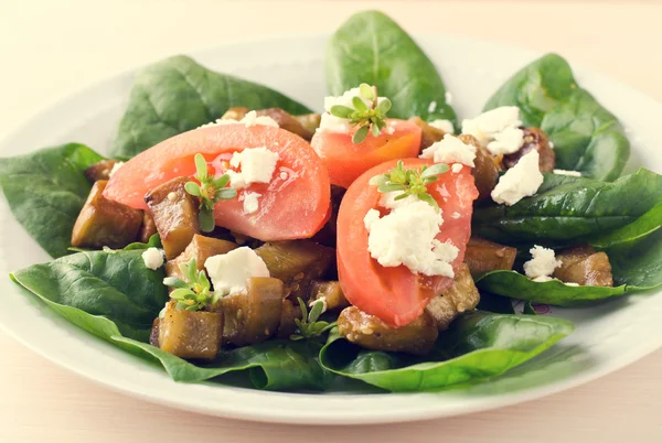 Äggplanta sallad med tomater, fetaost, spenat och gröna — Stockfoto