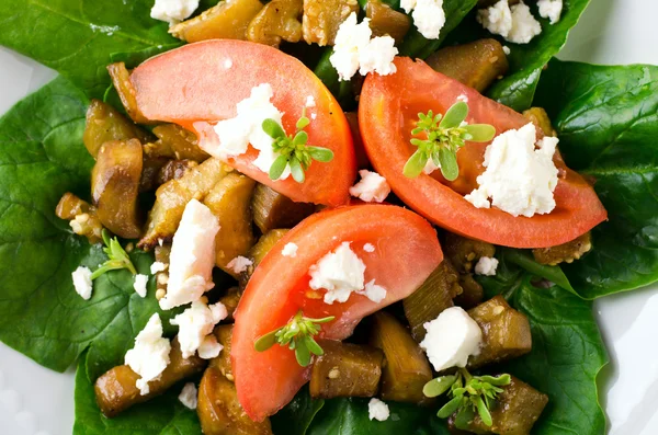 Salada de berinjela com tomate, queijo feta, espinafre e verduras — Fotografia de Stock