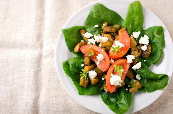 Salada de berinjela com tomate, queijo feta, espinafre e verduras — Fotografia de Stock