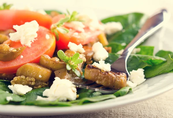 Salada de berinjela com tomate, queijo feta, espinafre e verduras — Fotografia de Stock