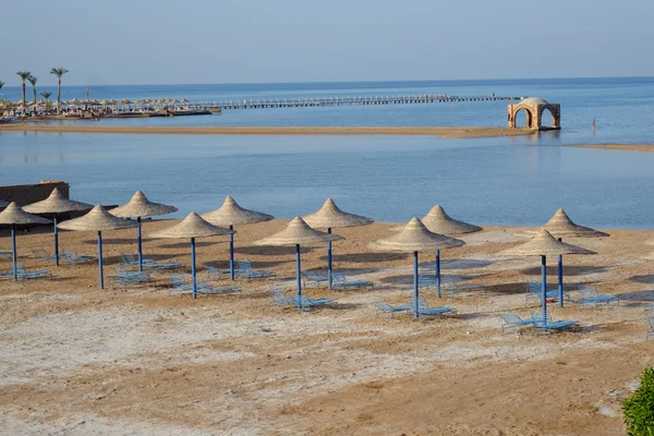 Blauwe strandstoelen en parasols op zand — Stockfoto