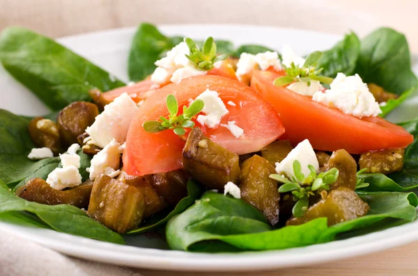 Salada de berinjela com tomate, queijo feta, espinafre e verduras — Fotografia de Stock