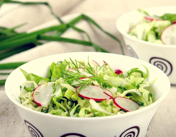 Salada de verduras fresca com repolho, rabanetes. endro e verduras — Fotografia de Stock