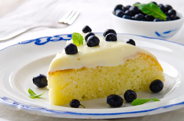 Gâteau maison à la crème, bleuets et menthe sur fond blanc — Photo