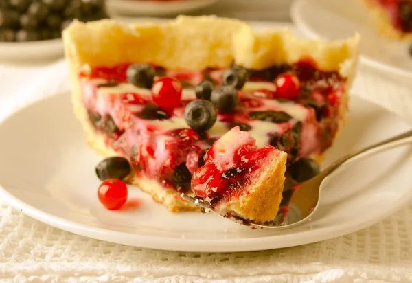 Mélanger tarte aux baies, tarte, gâteau aux framboises, myrtilles, bleuets, groseille rouge et crème sur fond blanc — Photo