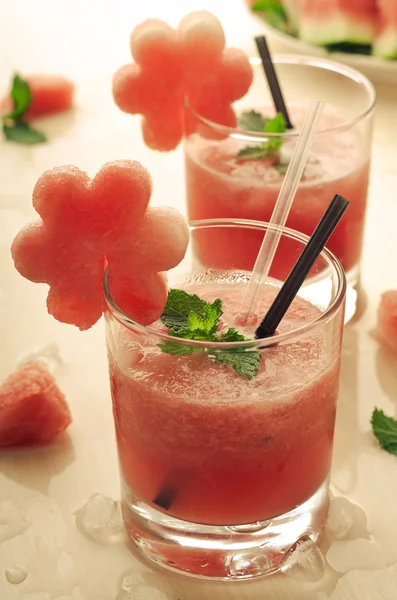 Healthy watermelon smoothie with mint and ice in glass — Stock Photo, Image