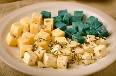 Peynir tabağı, Gouda, beyaz, mavi pesto peynir üzerinde otlar, zeytinyağı, nar ve hardal sos ile plaka beyaz