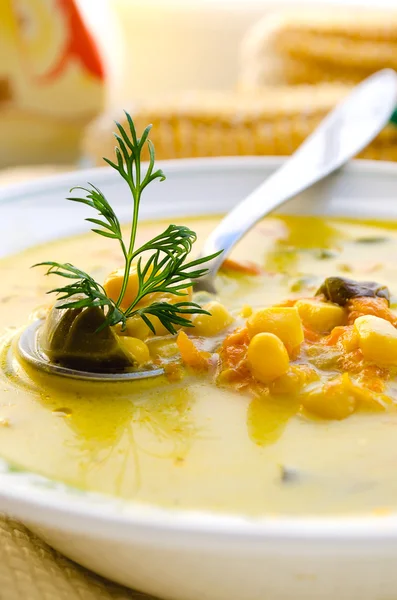 Kukuřičná polévka s růžičkovou kapustou a jiné zeleniny — Stock fotografie