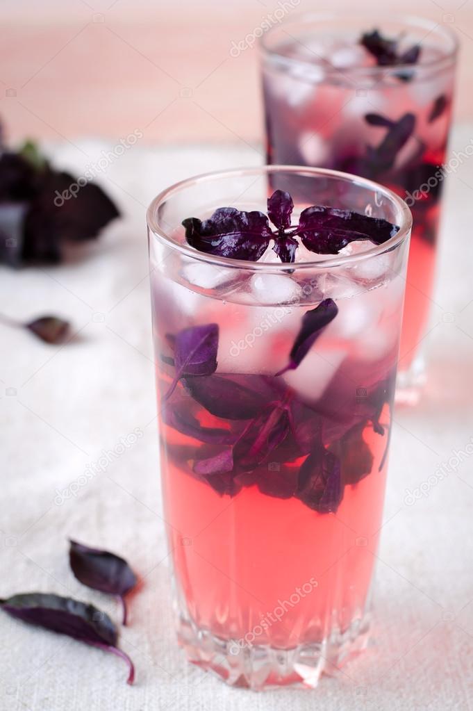 Red basil lemonade with ice