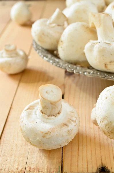 Raw champignons on wooden background — Stock Photo, Image