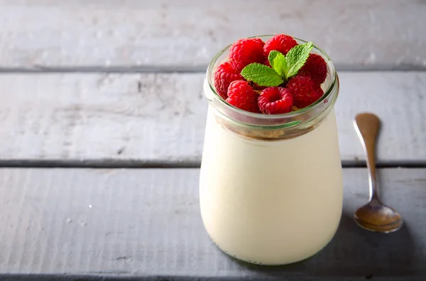 Hälsosam frukost - färska grekisk yoghurt med hallon och mynta — Stockfoto