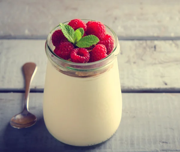 Hälsosam frukost - färska grekisk yoghurt med hallon och mynta — Stockfoto