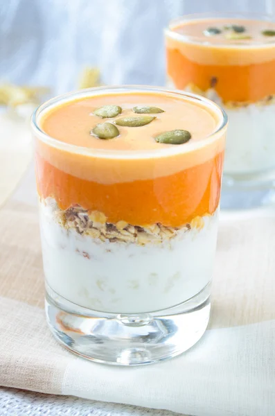 Granola with yogurt, pumpkin hard sauce and seed — Stock Photo, Image