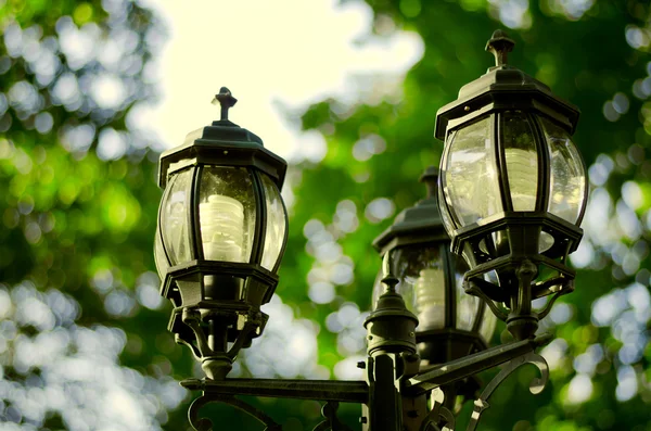 Imagen de estilo vintage con lámpara de calle vieja en el parque — Foto de Stock